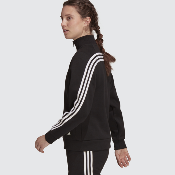 Adidas Women's Black Full-Zip 3-Stripes Jacket with classic white Adidas stripes on the sleeves