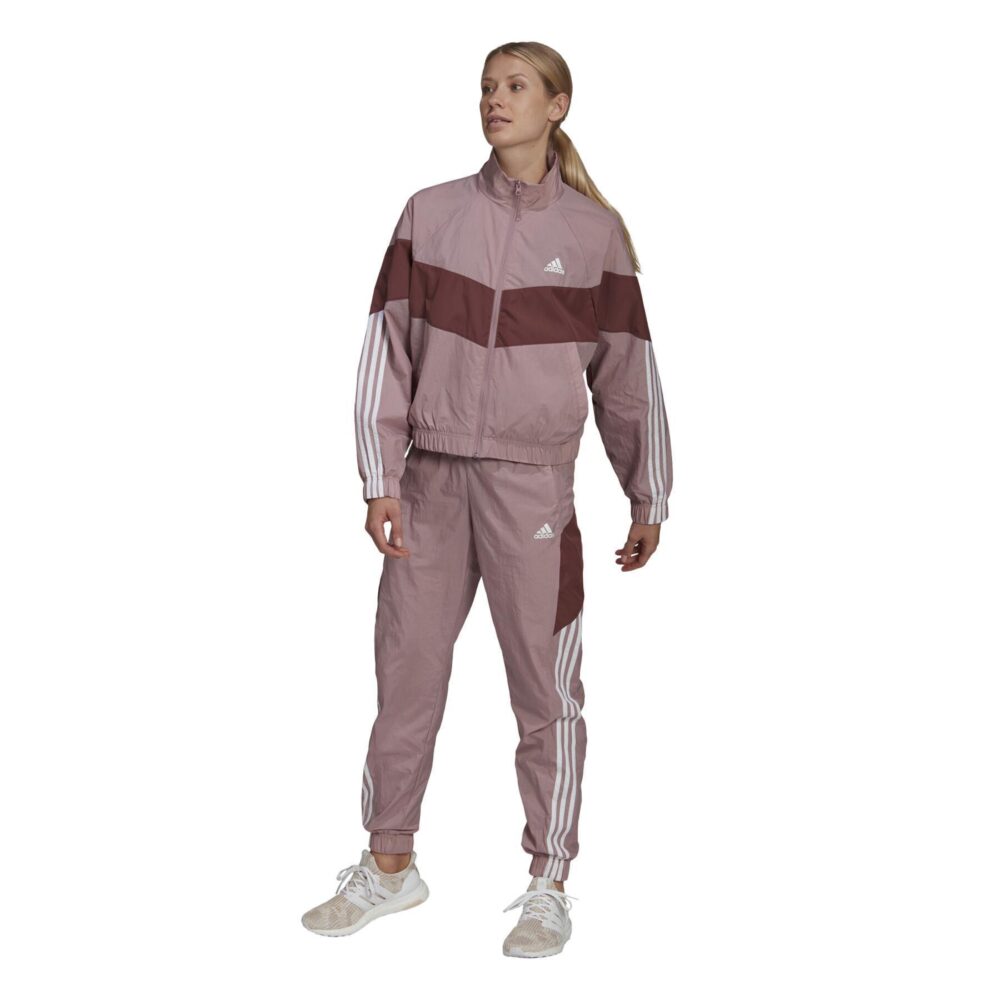 Adidas Women's Pink and Maroon Tracksuit with contrast color design, 3-stripes, and lightweight material