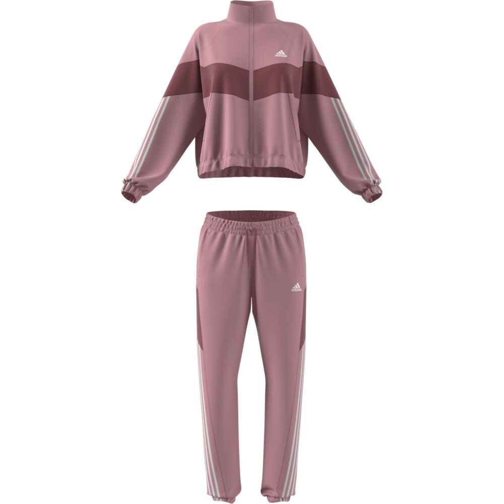 Adidas Women's Pink and Maroon Tracksuit with contrast color design, 3-stripes, and lightweight material