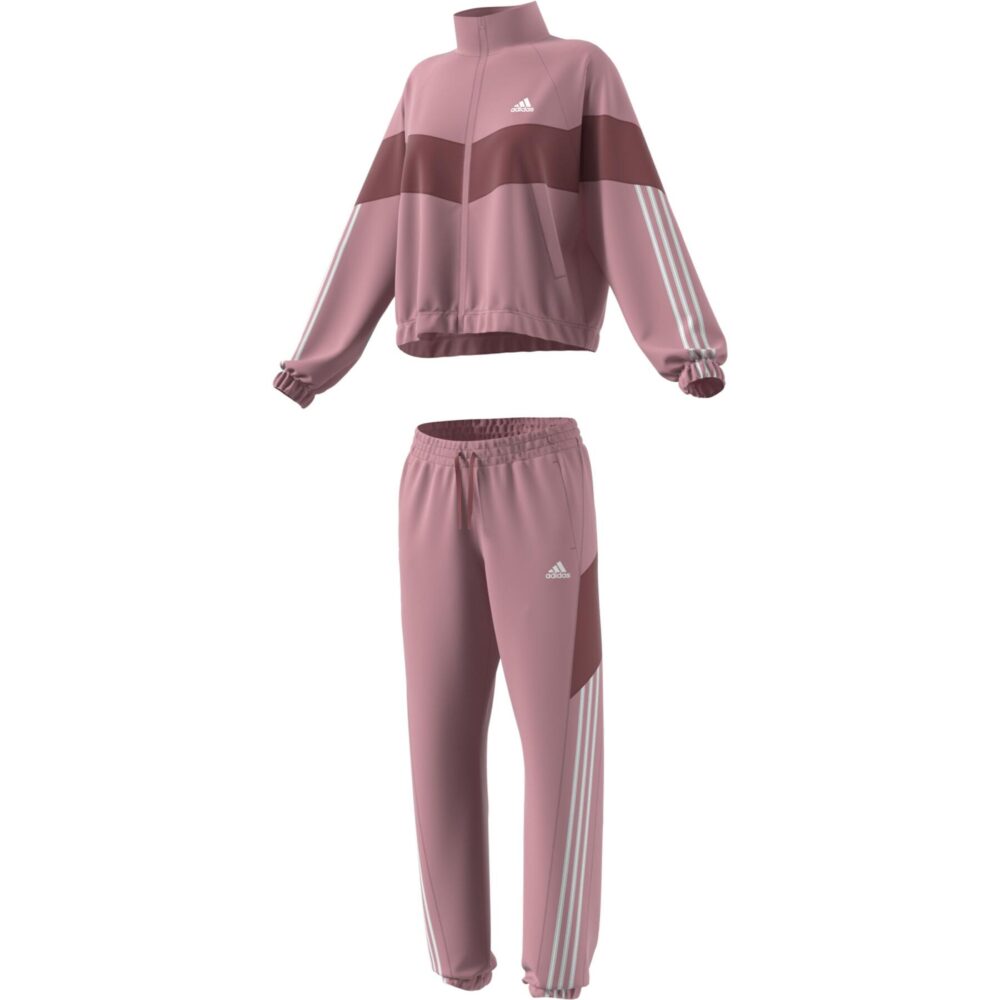 Adidas Women's Pink and Maroon Tracksuit with contrast color design, 3-stripes, and lightweight material