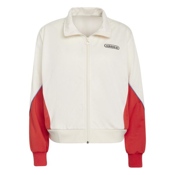 A cream and red Adidas women's track jacket with a full zip and ribbed cuffs, featuring a retro logo on the chest.