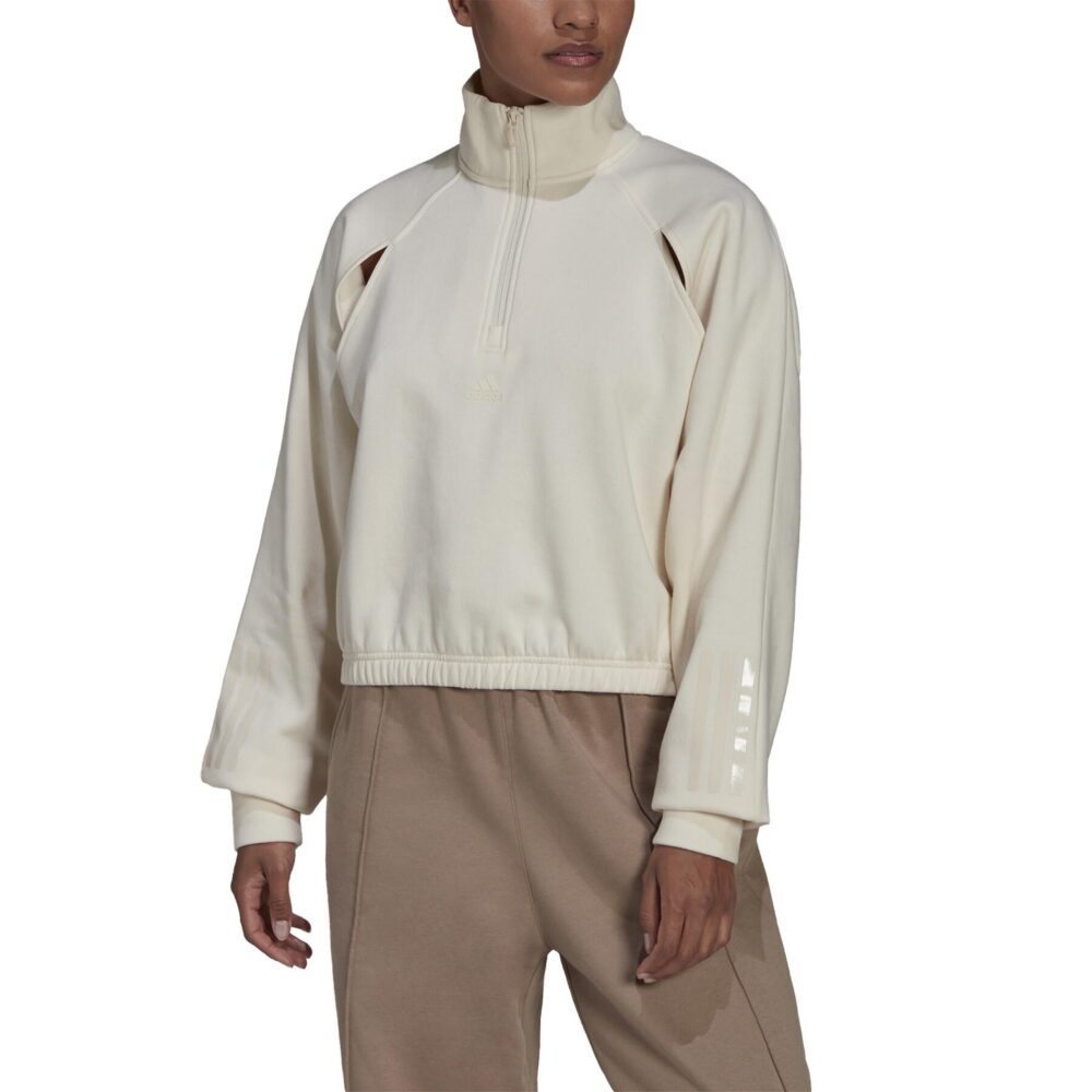 Adidas Cream High-Neck Sweatshirt with half-zip closure, relaxed fit, and subtle branding