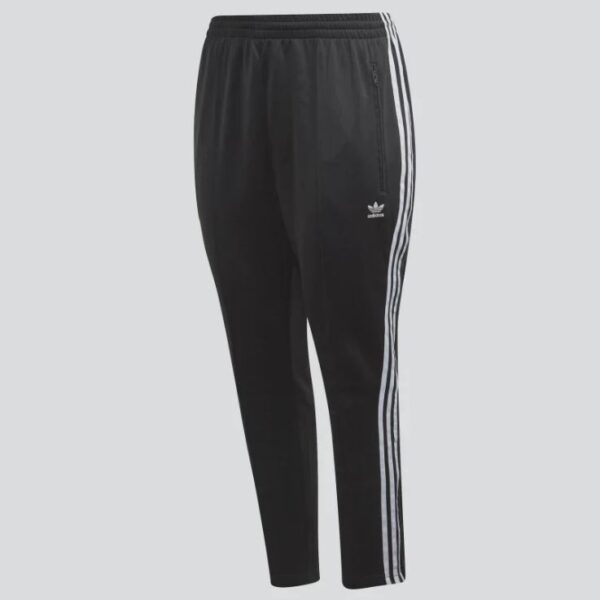 Adidas Originals Women’s Black Track Pants with 3-stripes detailing, Trefoil logo, zippered side pockets, and adjustable waistband for a sporty look.