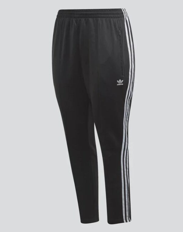 Adidas Originals Women’s Black Track Pants with 3-stripes detailing, Trefoil logo, zippered side pockets, and adjustable waistband for a sporty look.