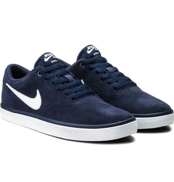 A pair of Nike men's navy blue sneakers with a white swoosh logo, designed for casual wear and style