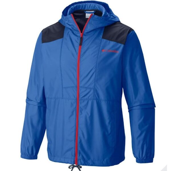 Columbia Men's blue lightweight windbreaker with black shoulder accents, red zipper, adjustable hood, and drawstring hem.