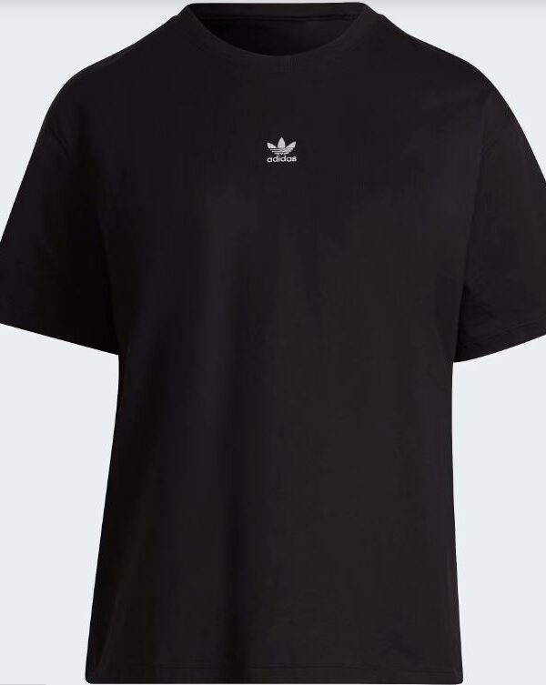 Adidas Plus Size Black T-Shirt featuring a relaxed fit, soft cotton fabric, and a subtle Trefoil logo embroidered on the chest.