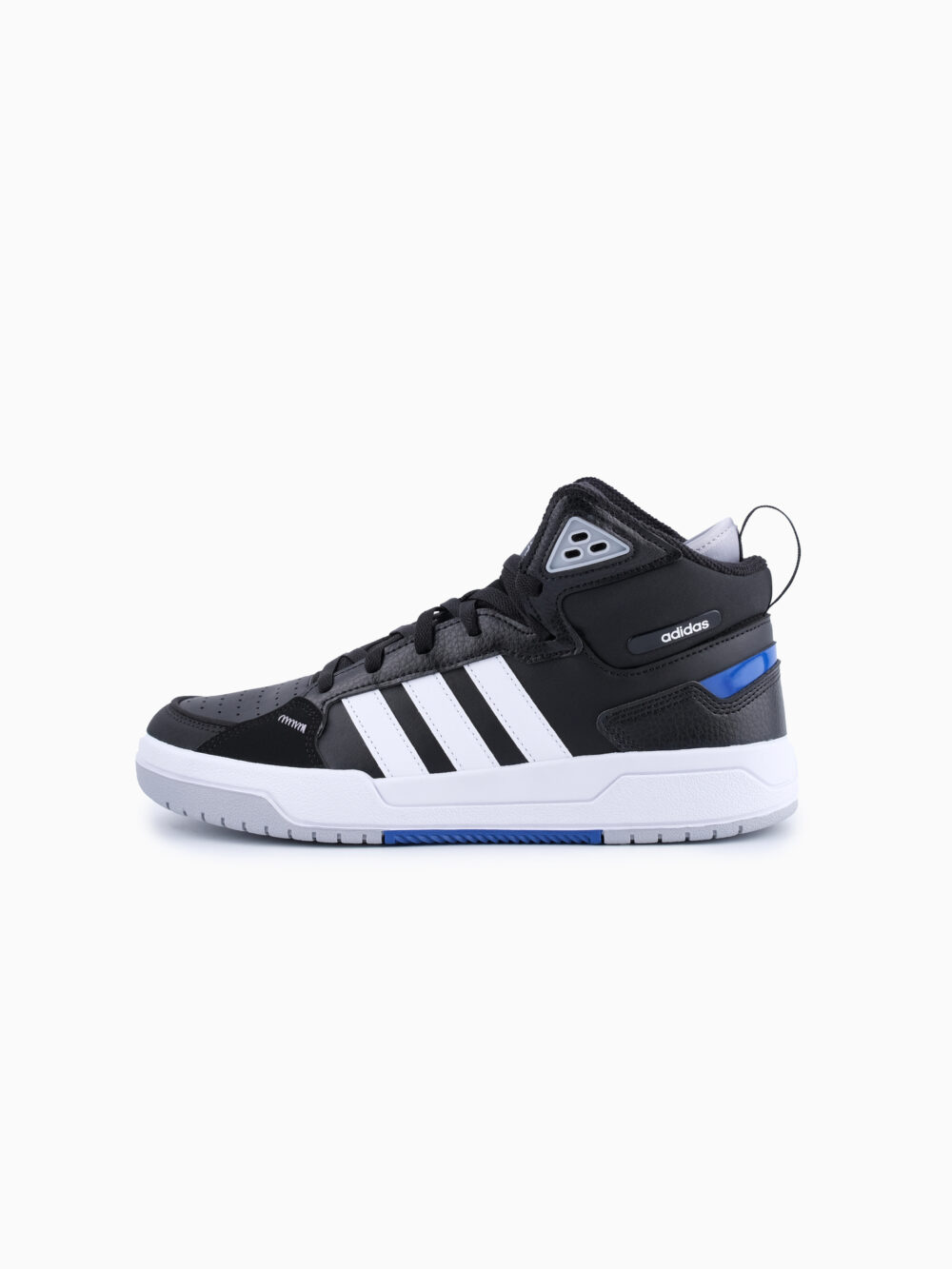 Adidas black and white high-top sneakers with three white stripes, blue accents, and a cushioned sole, perfect for casual streetwear or athletic use.