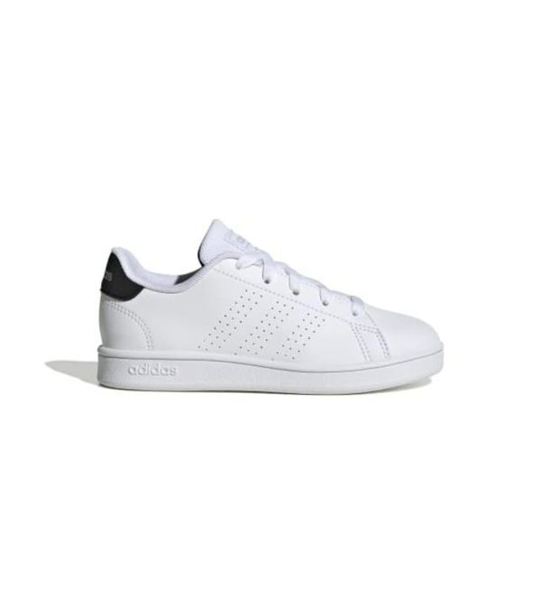 Adidas women's white sneakers with black heel tab and perforated design.