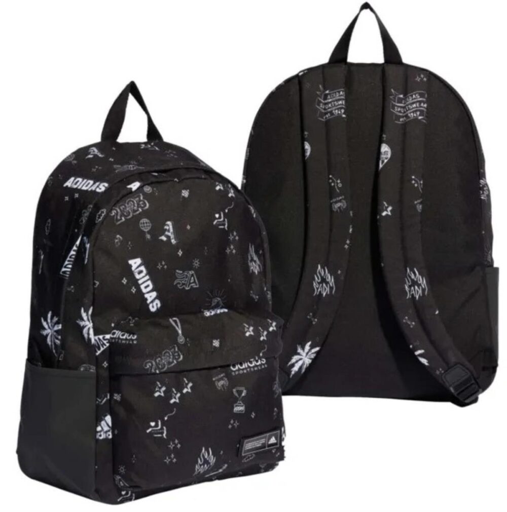 A black Adidas backpack with an all-over white graphic print, spacious compartments, and side pockets, ideal for school, work, or casual use.