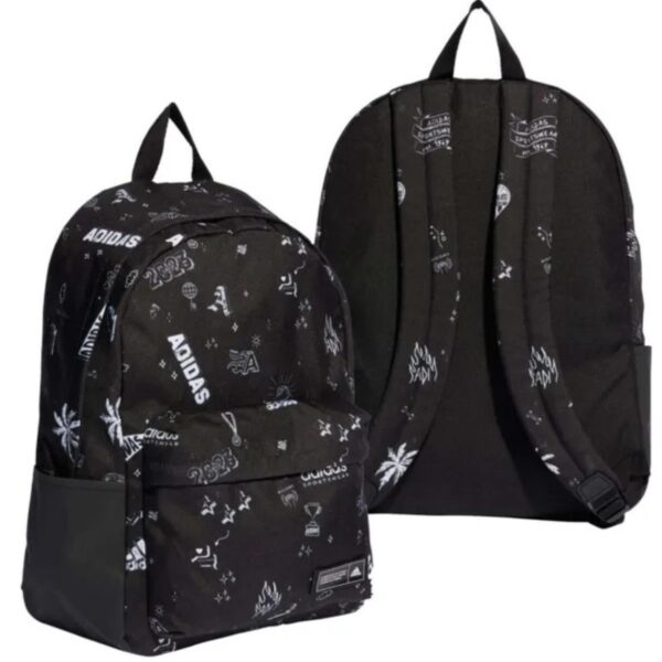 A black Adidas backpack with an all-over white graphic print, spacious compartments, and side pockets, ideal for school, work, or casual use.