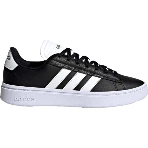 A pair of black Adidas Grand Court Alpha sneakers with white stripes and a white sole.