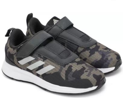 Black and green Adidas FortaRun X K shoes with camouflage print.