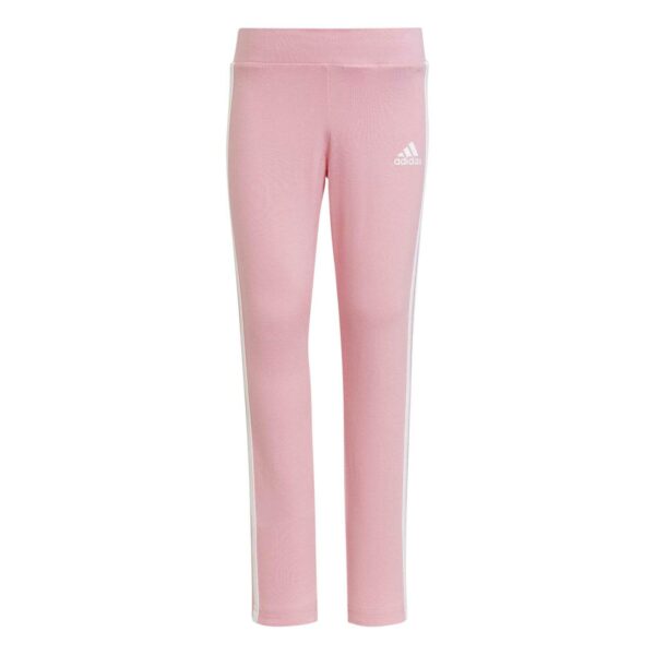 Pink Adidas leggings for kids with white 3-Stripes and the Adidas logo.
