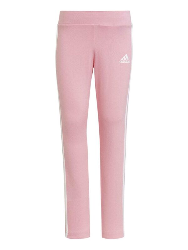 Pink Adidas leggings for kids with white 3-Stripes and the Adidas logo.