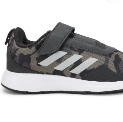 Black and green Adidas FortaRun X K shoes with camouflage print.