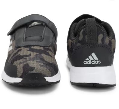 Black and green Adidas FortaRun X K shoes with camouflage print.