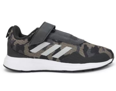 Black and green Adidas FortaRun X K shoes with camouflage print.