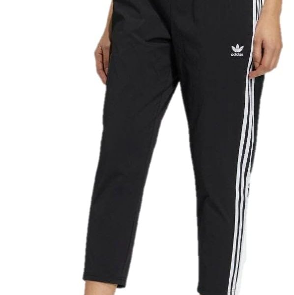 Adidas women's black cropped track pants with 3-stripes design and Trefoil logo.