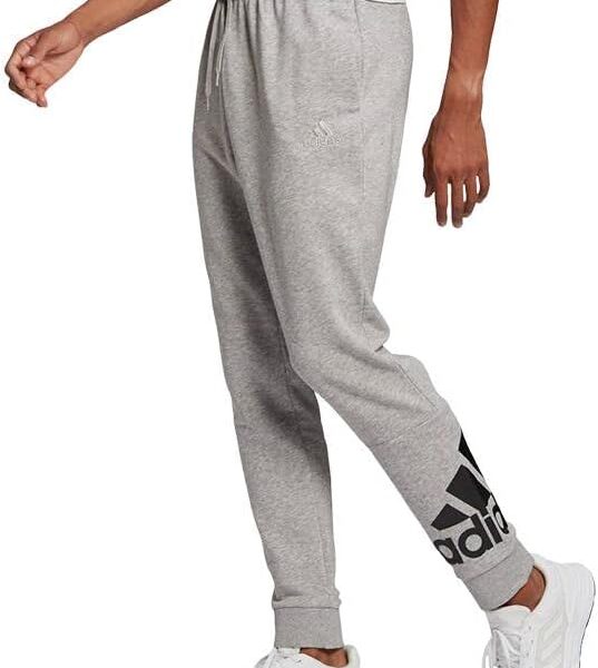 Adidas men's grey joggers with black logo on the lower leg and ribbed cuffs.