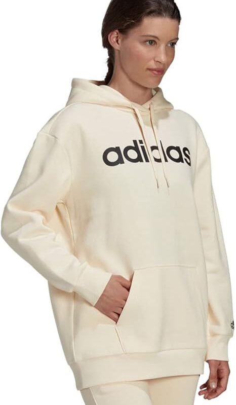Off-white Adidas hoodie with a black linear logo.