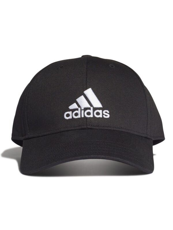 Adidas classic black cap with white embroidered logo and adjustable strap.