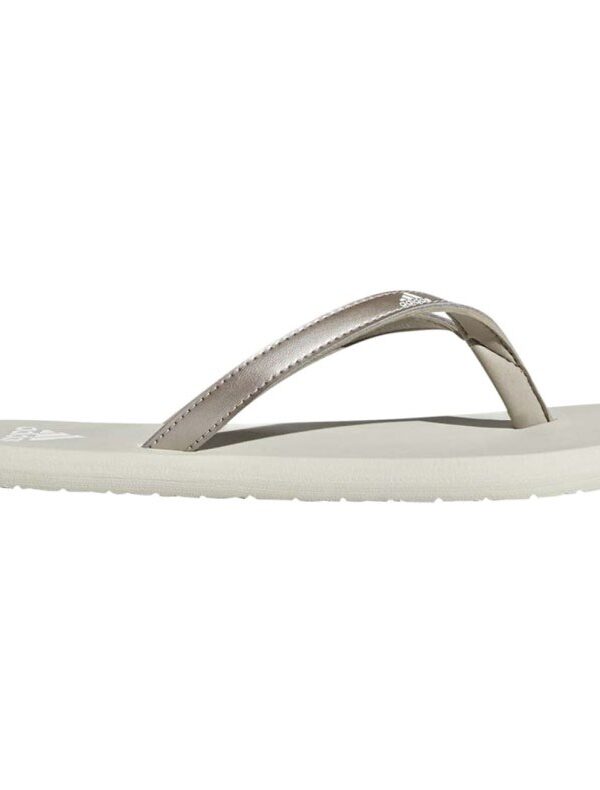 Adidas women's flip-flops in metallic silver with a soft strap and branded footbed, ideal for casual wear.