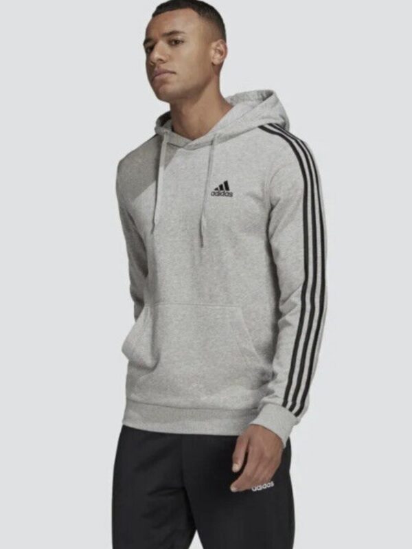 Adidas men's grey hoodie with black 3-stripes along the sleeves and an adjustable drawstring hood, ideal for casual or sporty occasions.