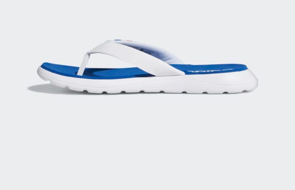 Adidas white and blue flip-flops with a cushioned sole and textured outsole for comfort and casual wear.