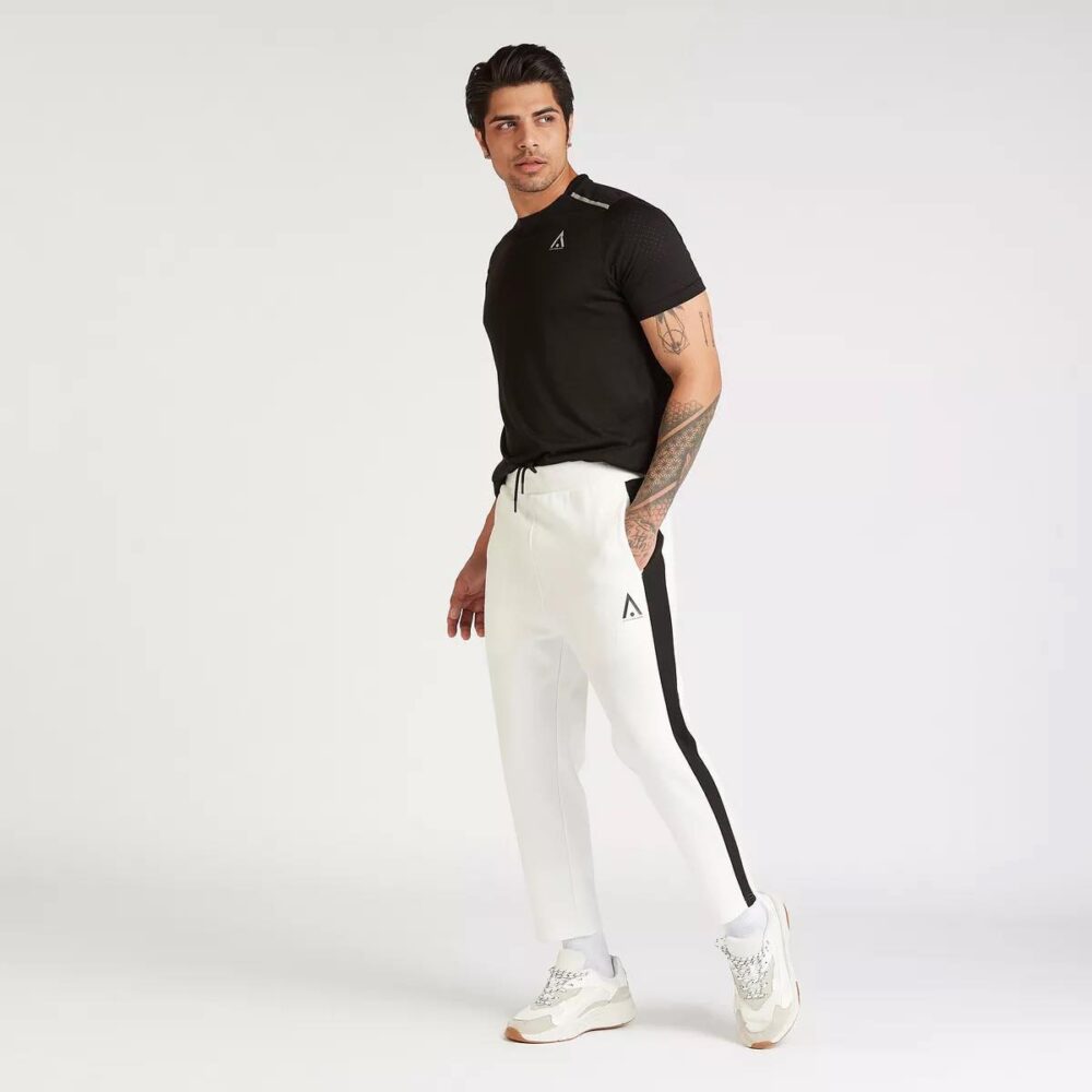 Splash men's white jogger pants with black side stripes and drawstring waistband.