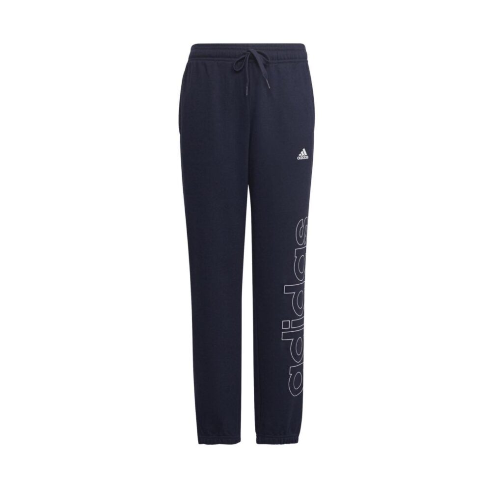 Adidas navy joggers with logo print on the leg, drawstring waistband, and ribbed cuffs.