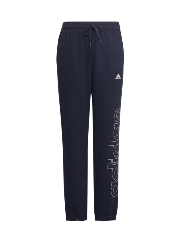 Adidas navy joggers with logo print on the leg, drawstring waistband, and ribbed cuffs.