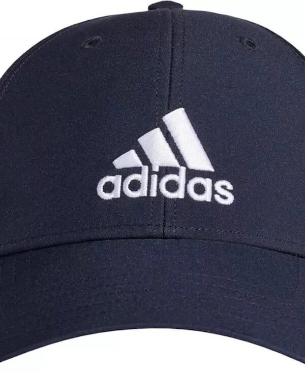 Adidas navy blue cap with white embroidered logo and adjustable strap for a secure fit.