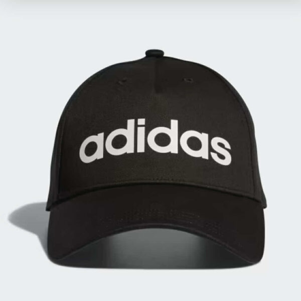 A black Adidas cap with a white Adidas logo on the front.