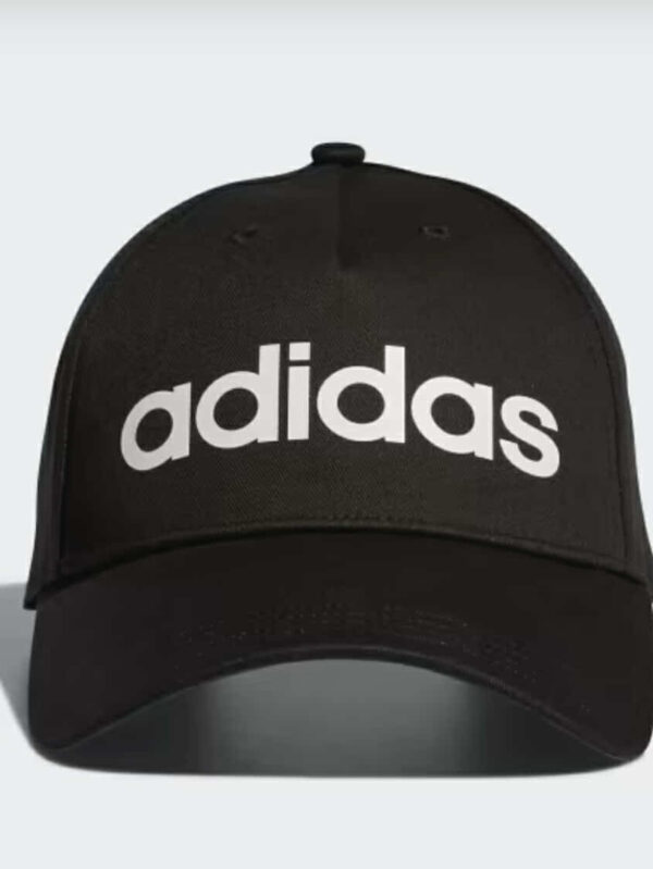 A black Adidas cap with a white Adidas logo on the front.