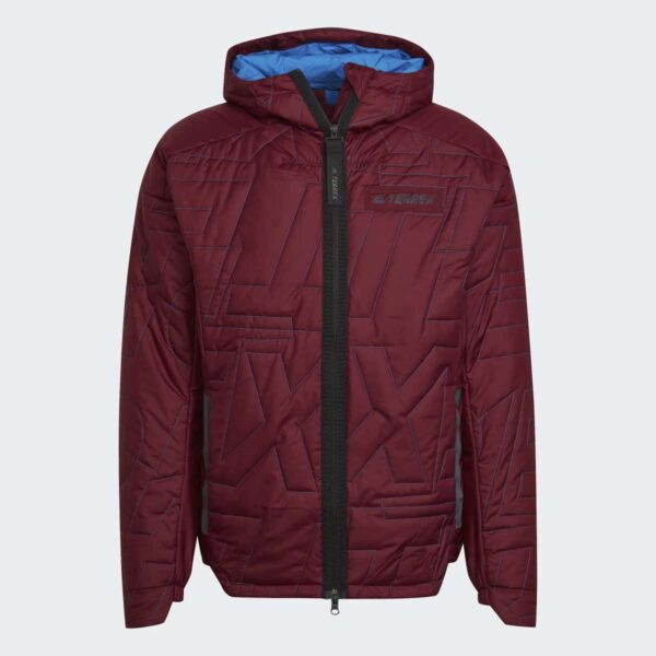 A burgundy Adidas Terrex Myshelter Primaloft hooded padded jacket with a unique quilted pattern.