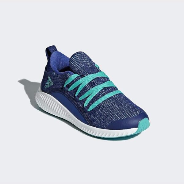 A pair of Adidas kids' blue running sneakers with aqua laces, breathable knit upper, and cushioned sole, ideal for playtime or sports.