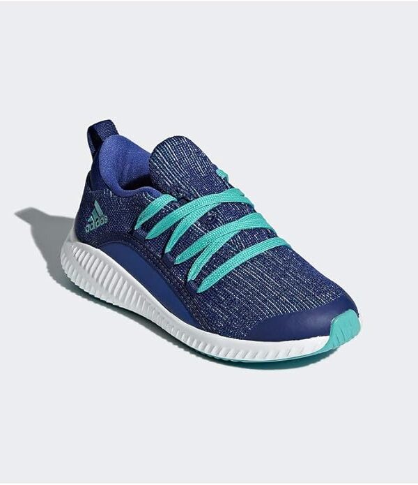 A pair of Adidas kids' blue running sneakers with aqua laces, breathable knit upper, and cushioned sole, ideal for playtime or sports.