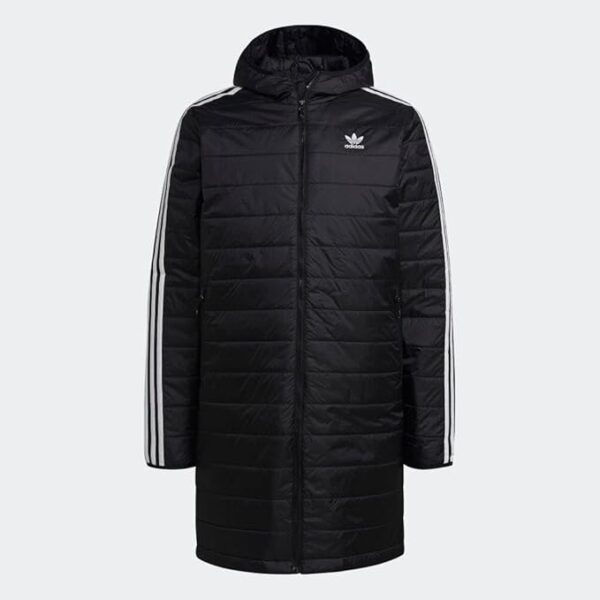 A black Adidas Originals Padded Long Coat with a hood, 3-Stripes down the sleeves, and multiple pockets.  