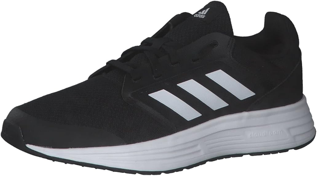 Adidas men's black running shoes with white stripes, Cloudfoam cushioning, and breathable mesh upper for optimal comfort and performance.