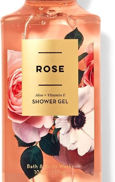 Bath & Body Works Rose Shower Gel in a gold-accented bottle with floral design.