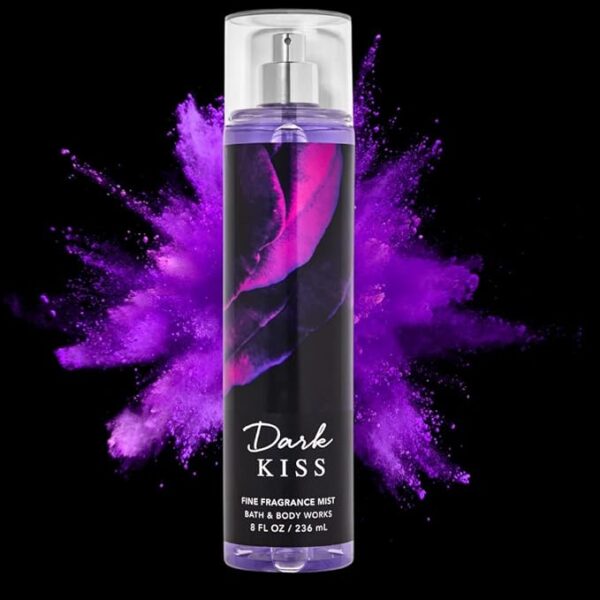 Bath & Body Works Dark Kiss Fine Fragrance Mist in a sleek purple and black bottle with a vibrant design.