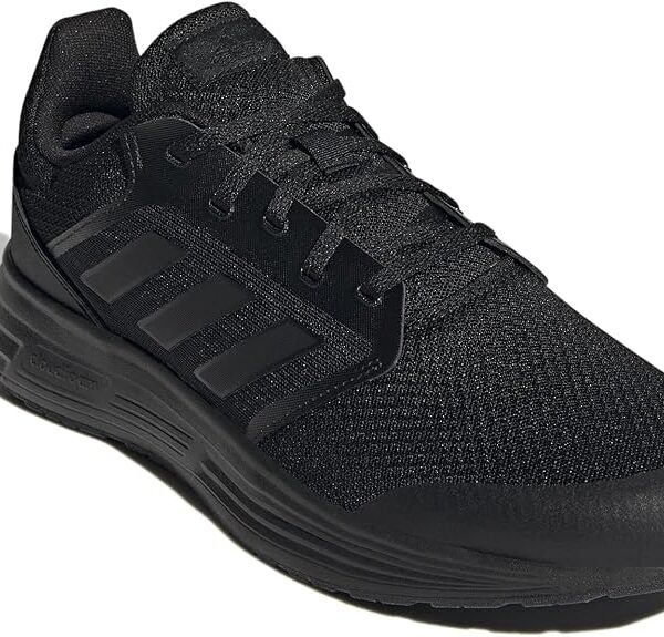 A pair of black Adidas Galaxy 5 running shoes with a breathable mesh upper and a Cloudfoam midsole.