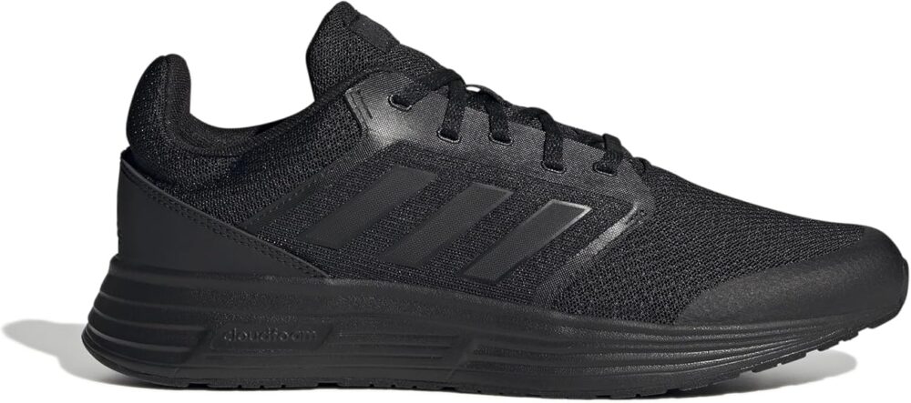 A pair of black Adidas Galaxy 5 running shoes with a breathable mesh upper and a Cloudfoam midsole.