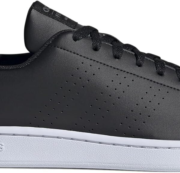 A sleek pair of Adidas black leather sneakers with a white sole, designed for casual and sporty looks.
