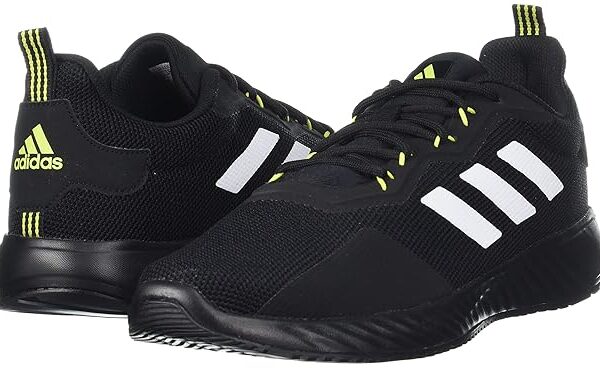 Black Adidas Runfalcon 2.0 running shoes with yellow accents.