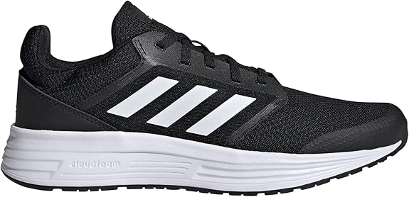 Adidas men's black running shoes with white stripes, Cloudfoam cushioning, and breathable mesh upper for optimal comfort and performance.