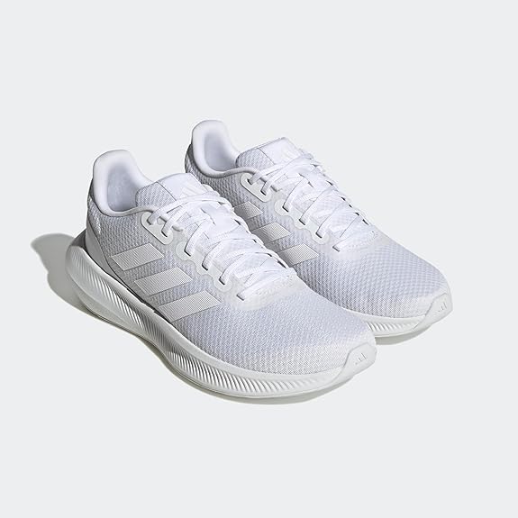 Adidas men's white running shoes with three-stripe design and cushioned sole.