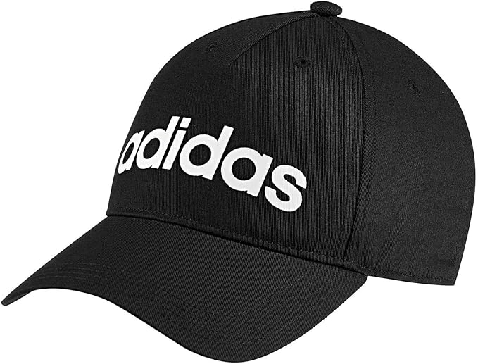 A black Adidas cap with a white Adidas logo on the front.