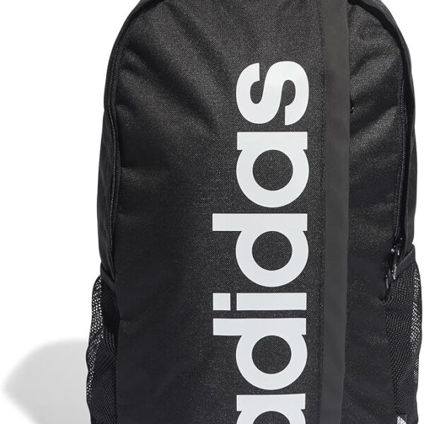 Adidas black backpack with a bold vertical logo, side mesh pockets, and spacious compartments, ideal for school, gym, or casual use.